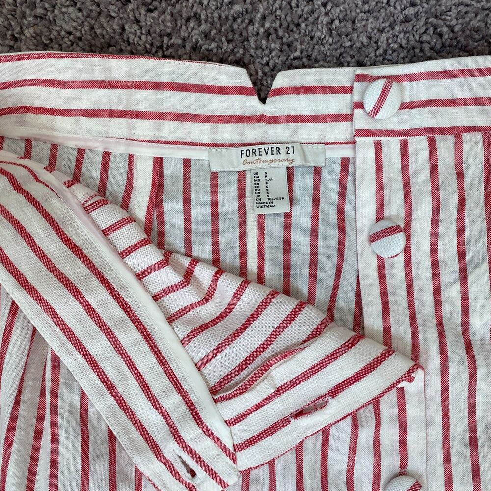 Forever 21 Red White Striped Linen Blend Side Button Midi Skirt Size Small - Picture 3 of 5